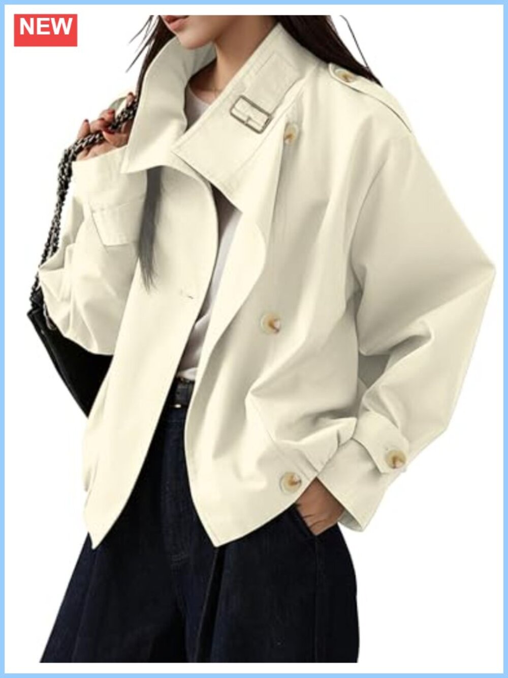 Women's Cropped Trench Coat Funnel Neck Long Sleeve Cotton Blend Casual Jacket